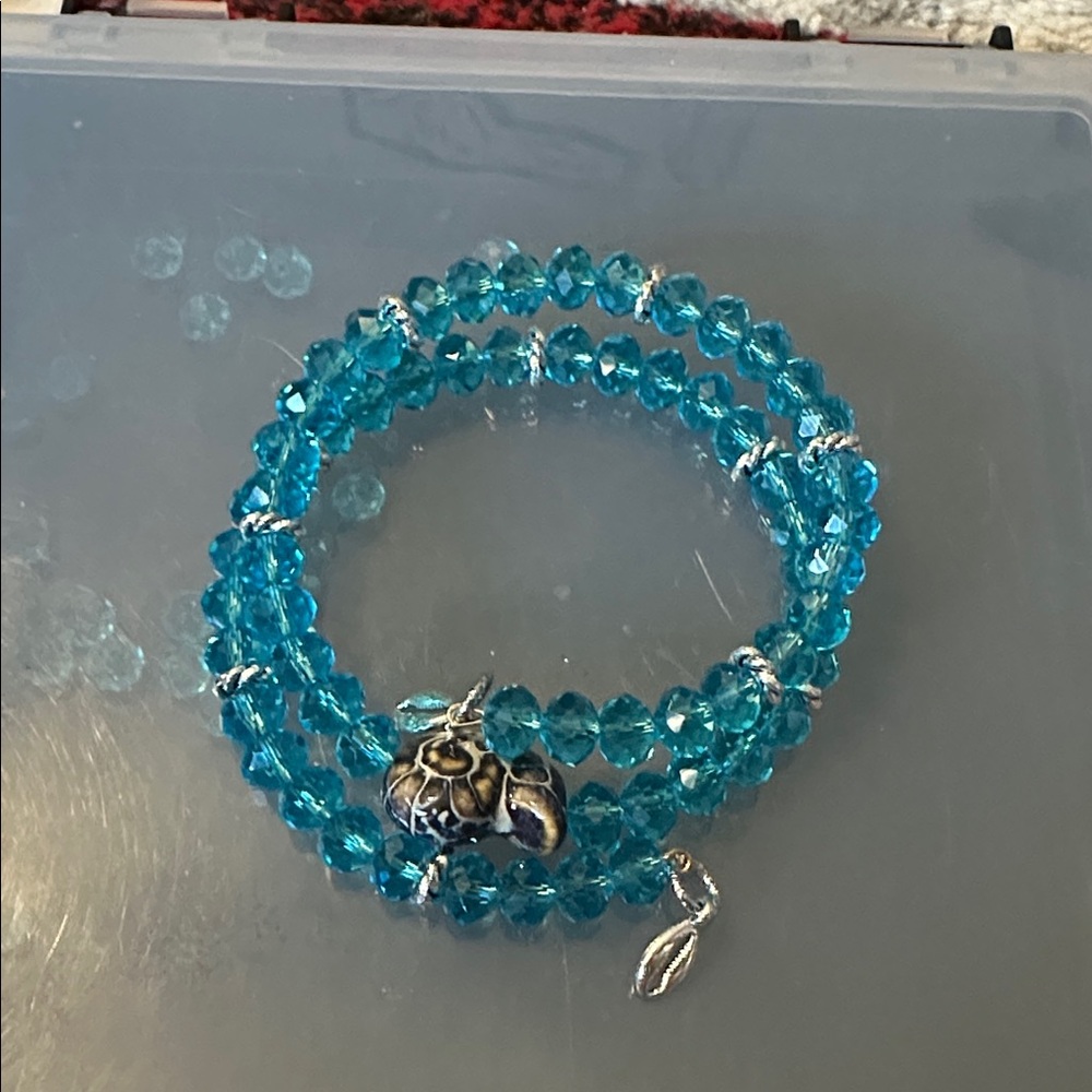 Turquoise Crystal Bracelet with Silver Turtle Charm